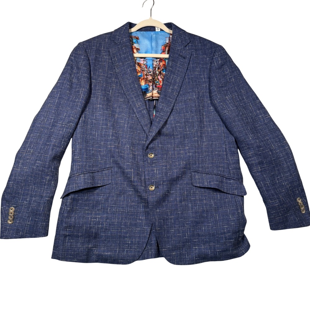 Robert Graham Blazer Mens 46 Blue Linen Viscose Blend Tailored Fit Sport Coat